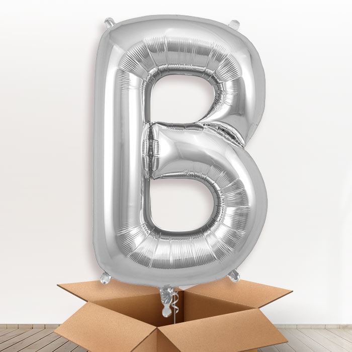 Personalised Letter B Helium Balloon in a Box - Silver - Giant Letter | Party Save Smile