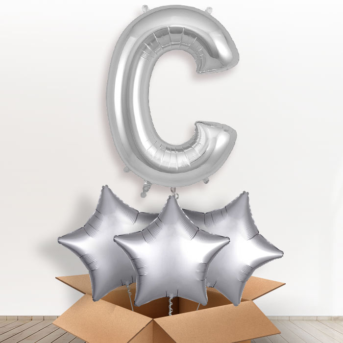 Personalised Letter C Helium Balloon in a Box - Silver - Giant Letter and 3 Balloons | Party Save Smile