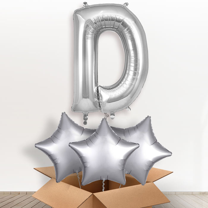 Personalised Helium Balloons Letter D in a Box - Silver - Giant Letter and 3 Balloons | Party Save Smile