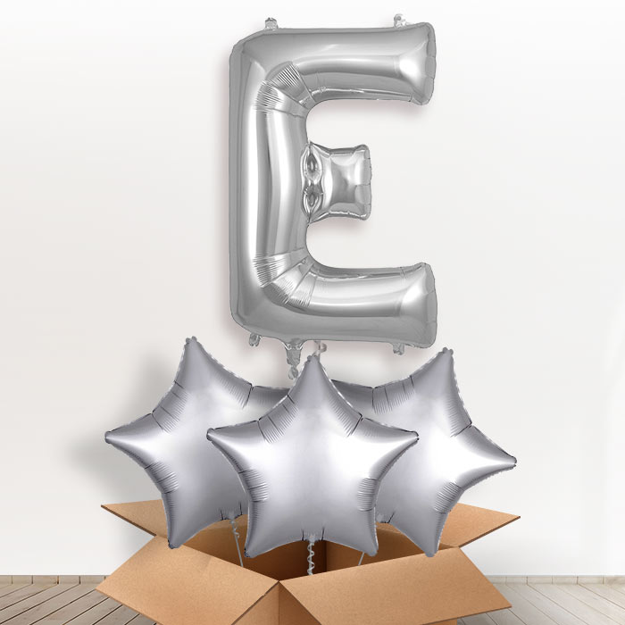 Personalised E Helium Balloon in a Box - Silver - Giant Letter and 3 Balloons | Party Save Smile