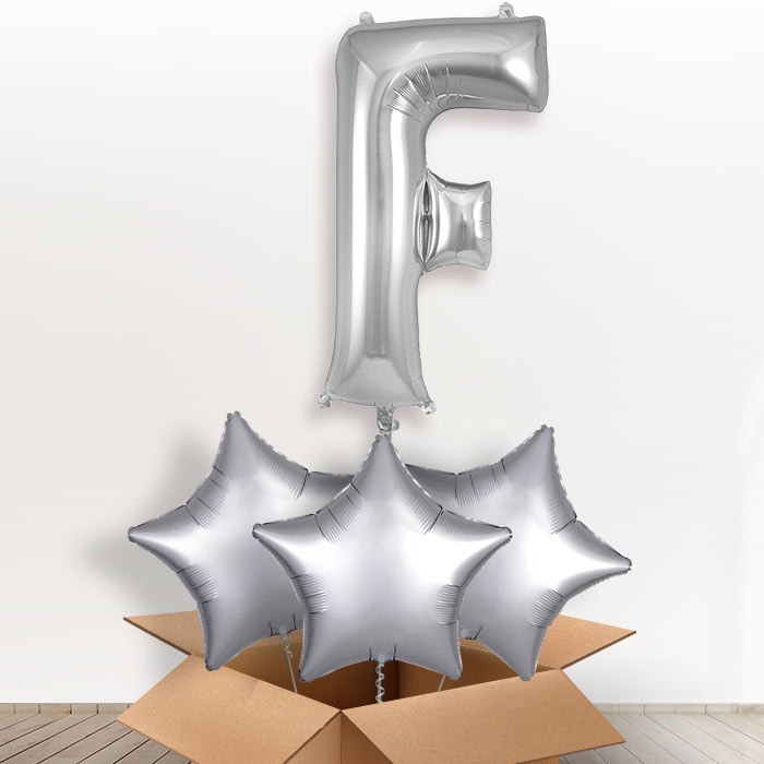 Personalised Letter F Helium Balloon in a Box - Silver - Giant Letter and 3 Balloons | Party Save Smile