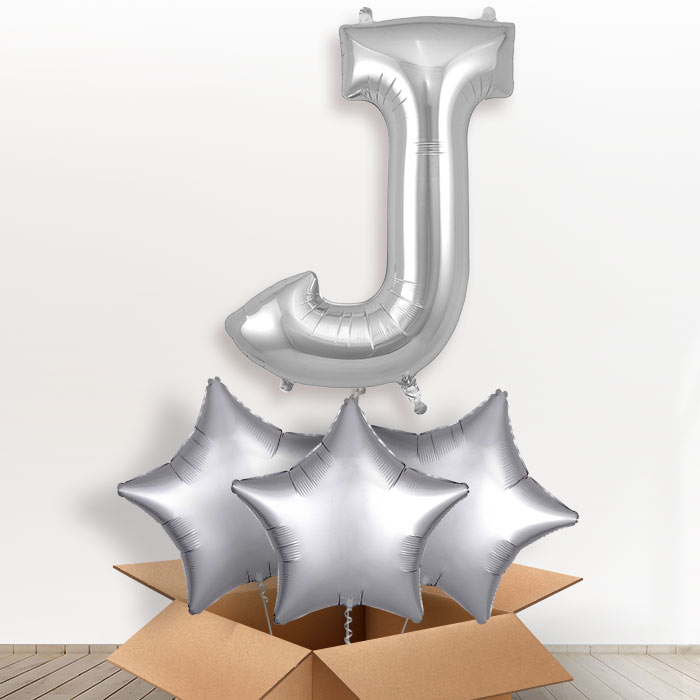 Personalised J Helium Balloon in a Box - Silver - Giant Letter and 3 Balloons | Party Save Smile