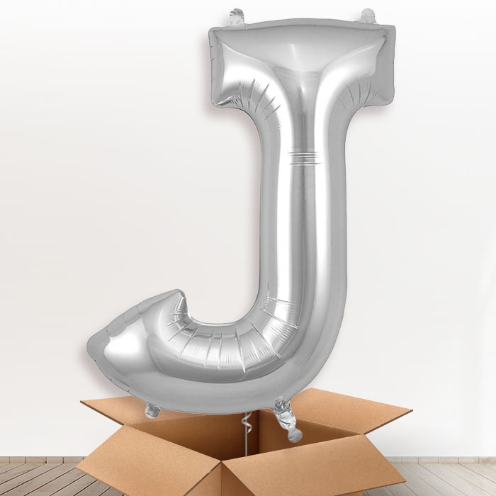 Personalised J Helium Balloon in a Box - Silver - Giant Letter | Party Save Smile