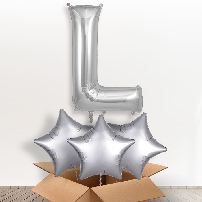 Personalised L Helium Balloon in a Box - Silver - Giant Letter and 3 Balloons | Party Save Smile
