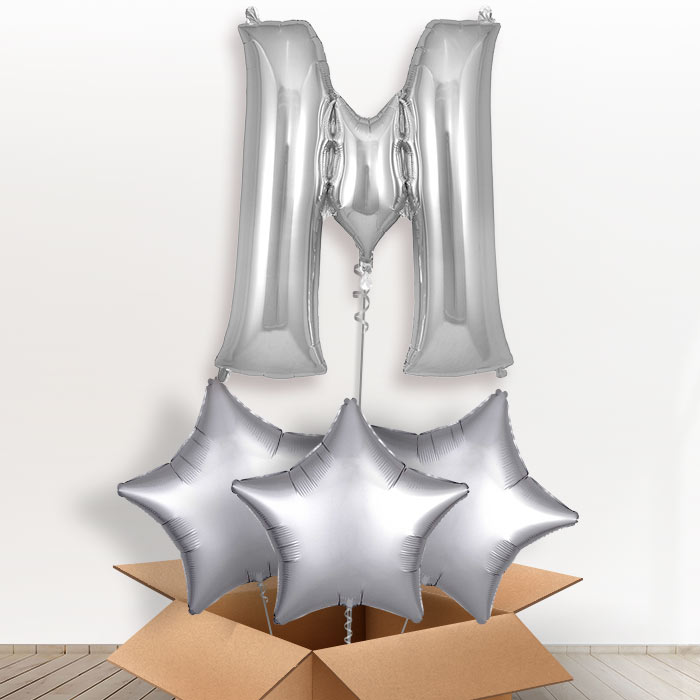 Personalised M Helium Balloon in a Box - Silver - Giant Letter and 3 Balloons | Party Save Smile