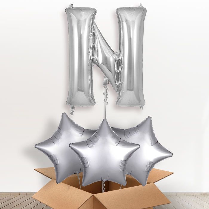 Personalised N Helium Balloon in a Box - Silver - Giant Letter and 3 Balloons | Party Save Smile