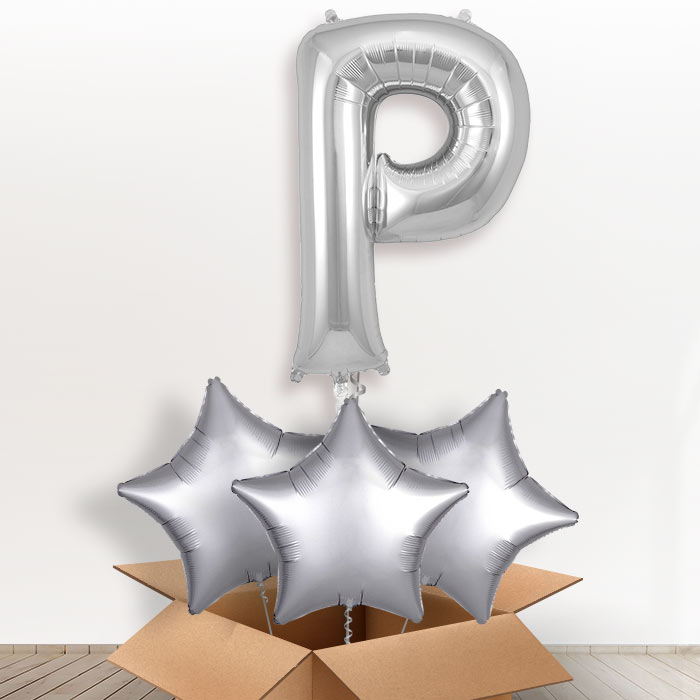 Personalised P Helium Balloon in a Box - Silver - Giant Letter and 3 Balloons | Party Save Smile