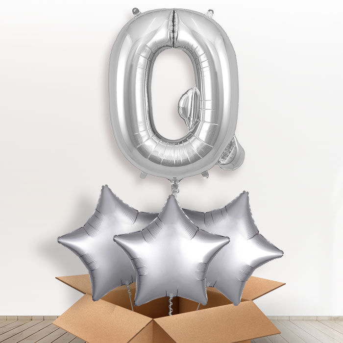Personalised Letter Q Helium Balloon in a Box - Silver - Giant Letter and 3 Balloons | Party Save Smile
