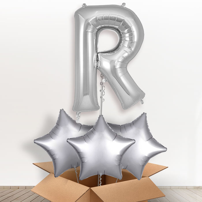 Personalised R Helium Balloon in a Box - Silver - Giant Letter and 3 Balloons | Party Save Smile