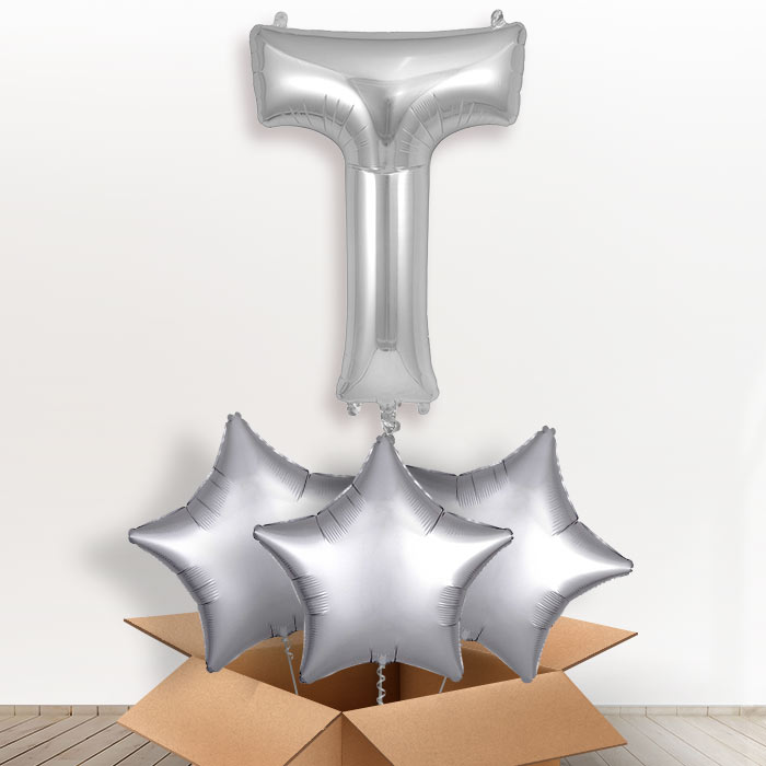 Personalised Letter T Helium Balloon in a Box - Silver - Giant Letter and 3 Balloons | Party Save Smile