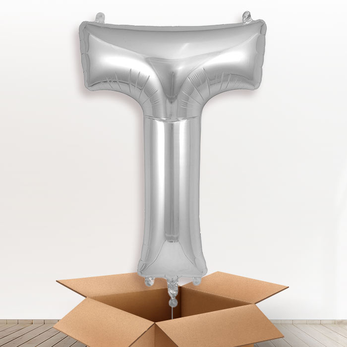 Personalised Letter T Helium Balloon in a Box - Silver - Giant Letter | Party Save Smile