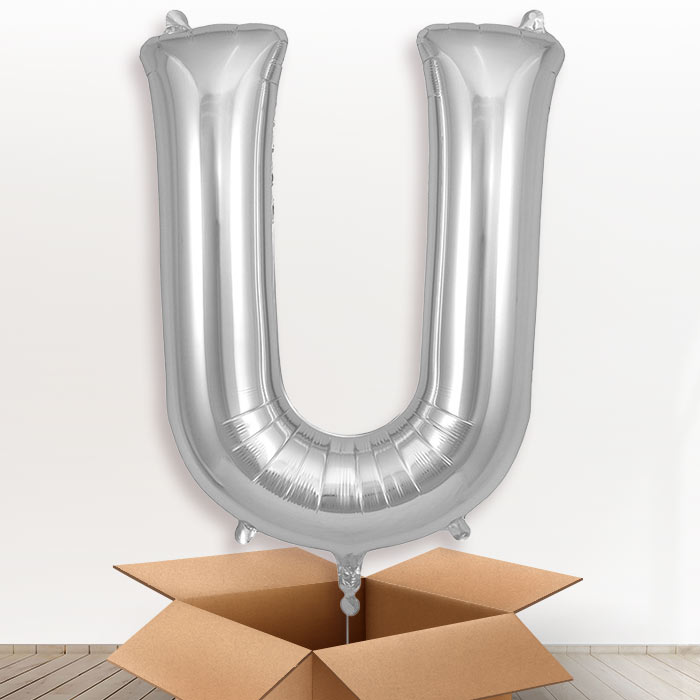 Personalised Letter U Helium Balloon in a Box - Silver - Giant Letter | Party Save Smile