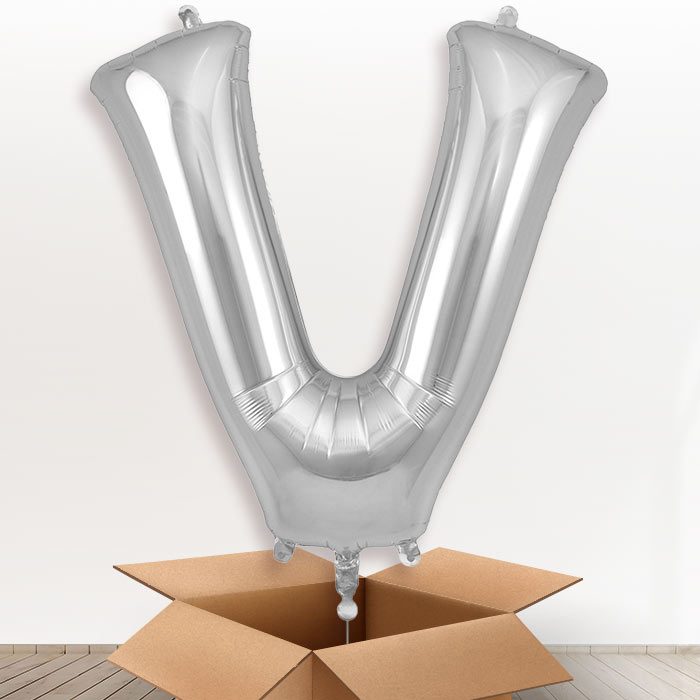 Personalised Letter V Helium Balloon in a Box - Silver - Giant Letter | Party Save Smile