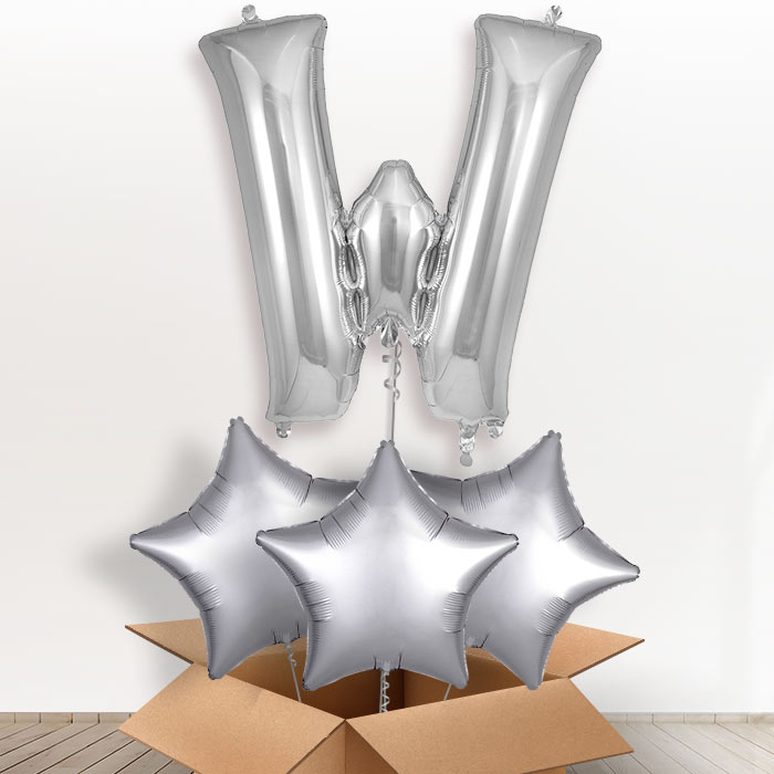 Personalised W Helium Balloon in a Box - Silver - Giant Letter and 3 Balloons | Party Save Smile