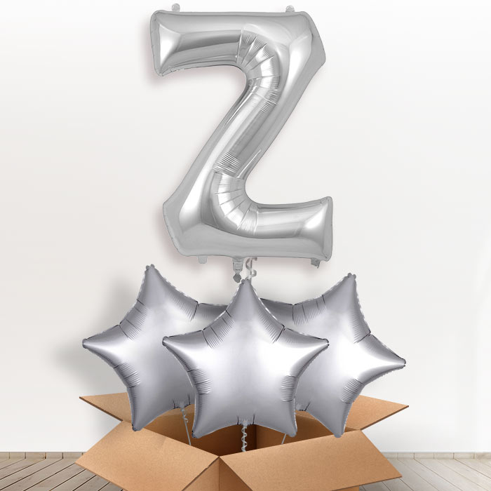 Personalised Z Helium Balloon in a Box - Silver - Giant Letter and 3 Balloons | Party Save Smile