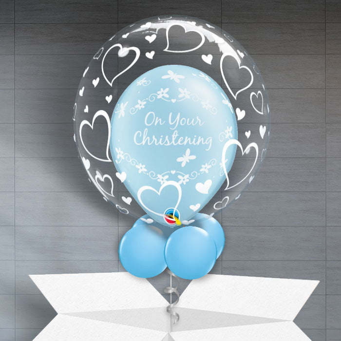 Blue Hearts Personalisable Christening Balloons in a Box - Bubble Balloon | Party Save Smile
