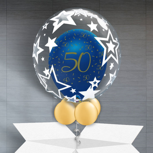 Personalisable 50th Balloons - Navy Blue Stars - Bubble Balloon | Party Save Smile