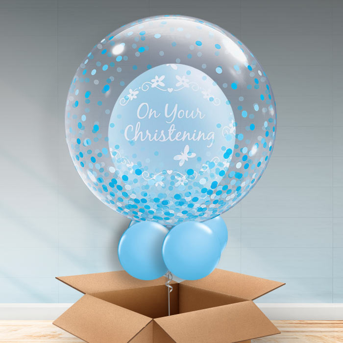 Personalisable Christening Balloons in a Box (Blue Confetti) - Bubble Balloon | Party Save Smile