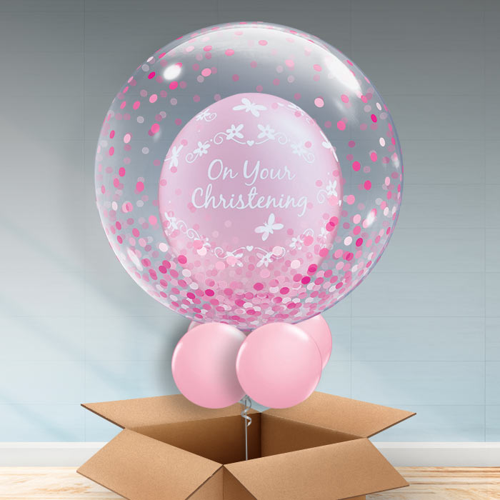 Personalisable Christening Balloons in a Box (Pink Confetti) - Bubble Balloon | Party Save Smile