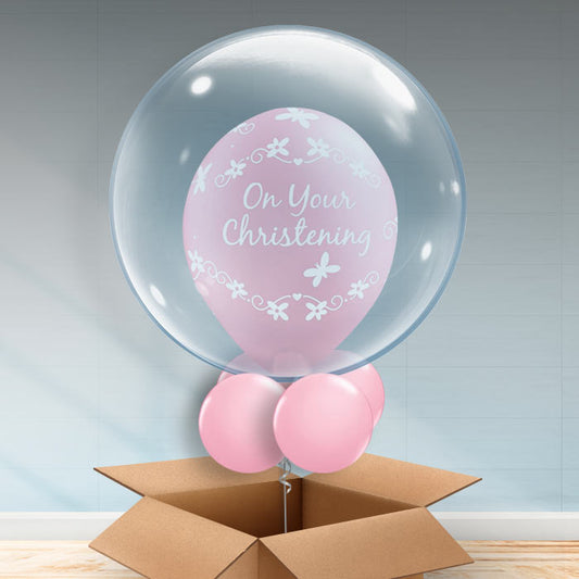 Personalised Christening Balloons in a Box Pink Butterflies - Bubble Balloon | Party Save Smile