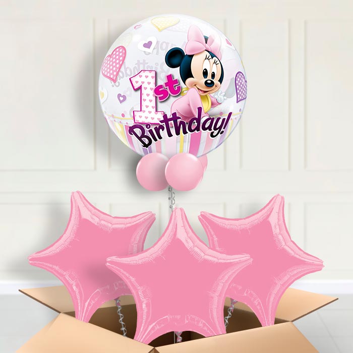 Minnie Mouse 1st Birthday Bubble Balloon in a Box - Bubble Balloon with 3 Balloons | Party Save Smile