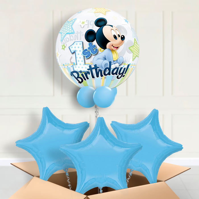Mickey Mouse 1st Birthday Bubble Balloon in a Box - Bubble Balloon with 3 Balloons | Party Save Smile