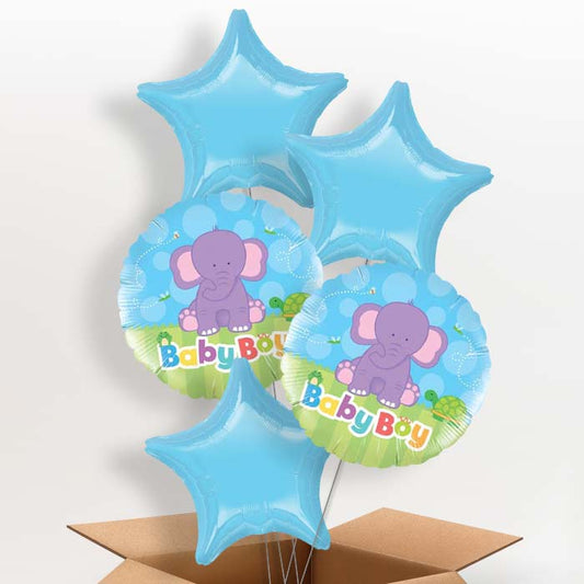 Elephant Baby Boy Helium Balloons in a Box: New Baby Balloon - 5 Balloon | Party Save Smile