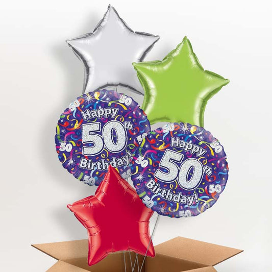 Purple Streamers Happy 50th Birthday Helium Balloon in a Box - 5 Balloon | Party Save Smile