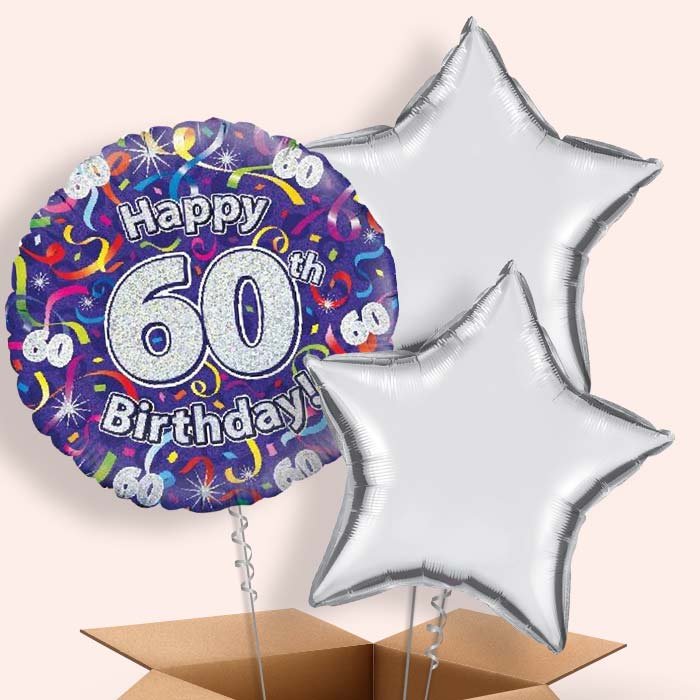 Purple Streamers Happy 60th Birthday Helium Balloon in a Box - 3 Balloon | Party Save Smile