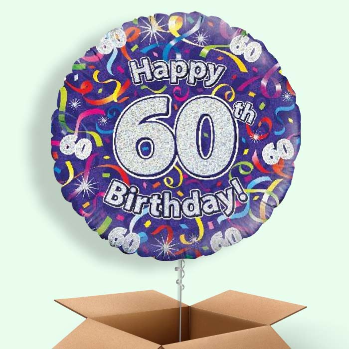 Purple Streamers Happy 60th Birthday Helium Balloon in a Box - 1 Balloon | Party Save Smile