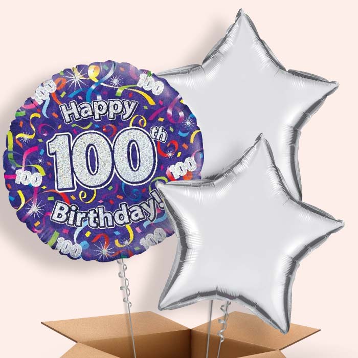 Purple Streamers Happy 100th Birthday Balloon in a Box - 3 Balloon | Party Save Smile