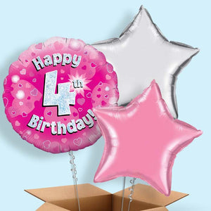 Happy 4th Birthday Pink Hearts Helium Balloon in a Box