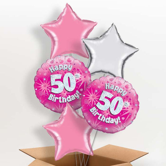 Happy 50th Birthday Pink Hearts Balloon in a Box - 5 Balloon | Party Save Smile