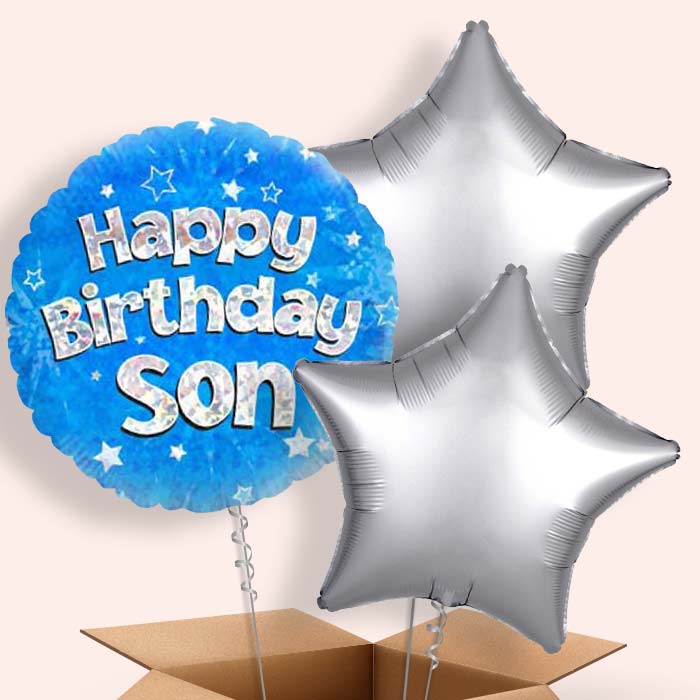 Happy Birthday Son Blue Stars Helium Balloon in a Box - 3 Balloon | Party Save Smile