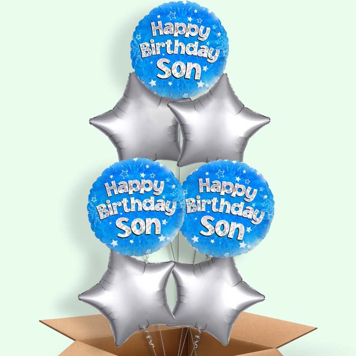Happy Birthday Son Blue Stars Helium Balloon in a Box - 7 Balloon | Party Save Smile