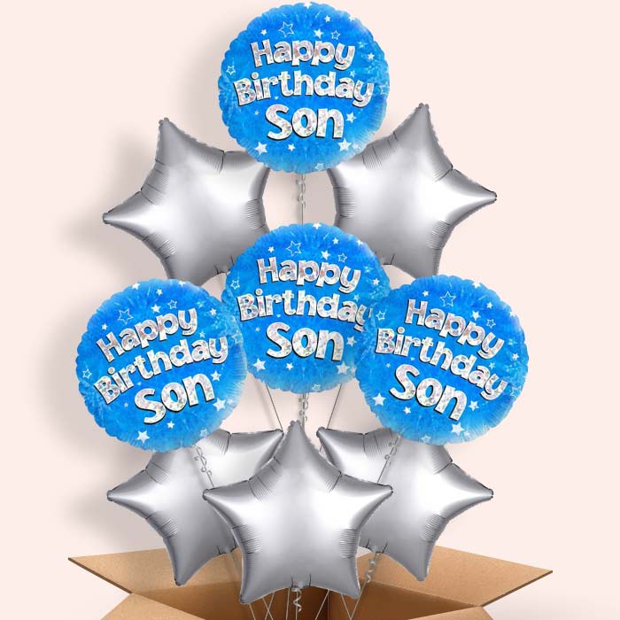 Happy Birthday Son Blue Stars Helium Balloon in a Box - 9 Balloon | Party Save Smile