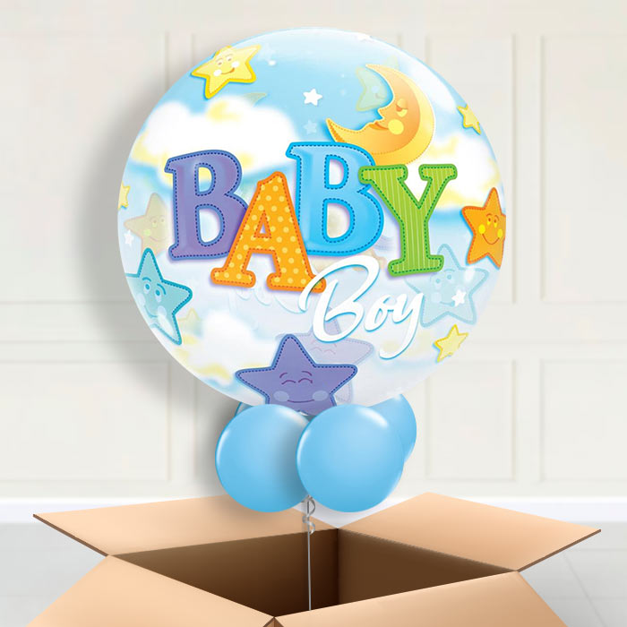 Baby Boy Moon & Stars Bubble Balloon in a Box: New Baby Balloon - Bubble Balloon | Party Save Smile