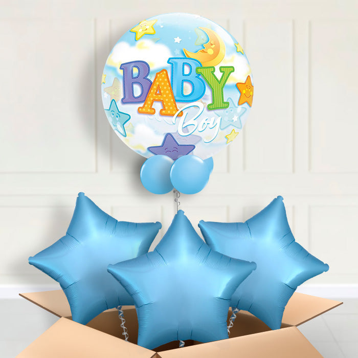 Baby Boy Moon & Stars Bubble Balloon in a Box: New Baby Balloon - Bubble Balloon with 3 Balloons | Party Save Smile