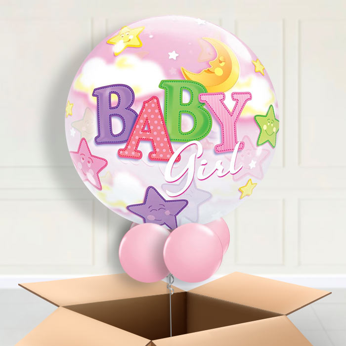 Baby Girl Moon & Stars Bubble Balloon in a Box - Bubble Balloon | Party Save Smile