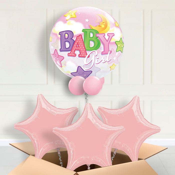 Baby Girl Moon & Stars Bubble Balloon in a Box - Bubble Balloon with 3 Balloons | Party Save Smile