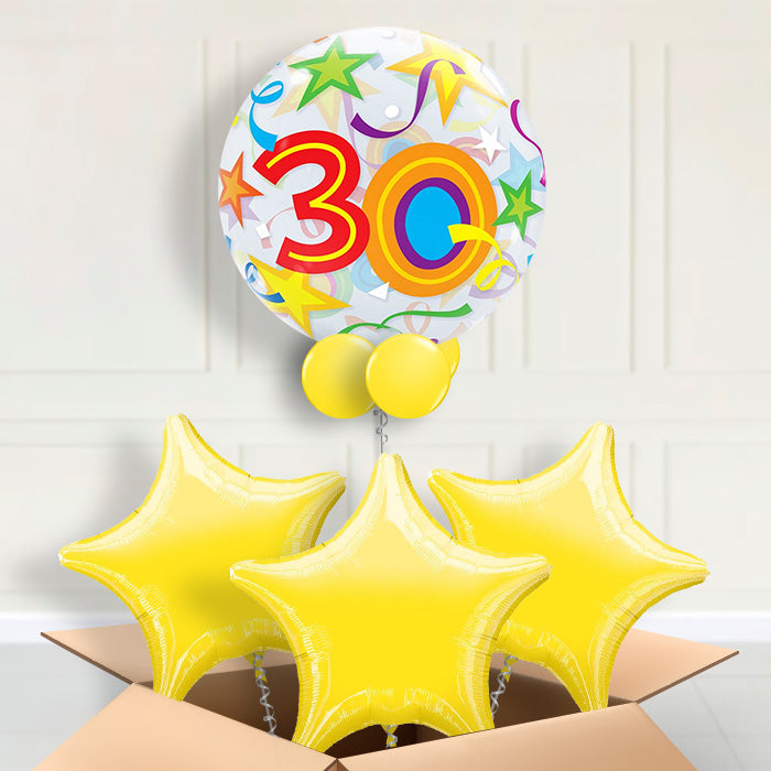 Colourful Stars 30th Birthday Bubble Balloon in a box - Bubble Balloon with 3 Balloons | Party Save Smile