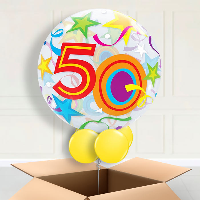 Colourful Stars 50th Birthday Bubble Balloon in a box - Bubble Balloon | Party Save Smile