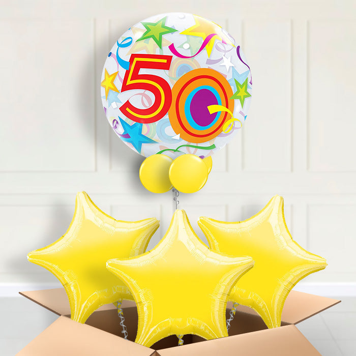 Colourful Stars 50th Birthday Bubble Balloon in a box - Bubble Balloon with 3 Balloons | Party Save Smile