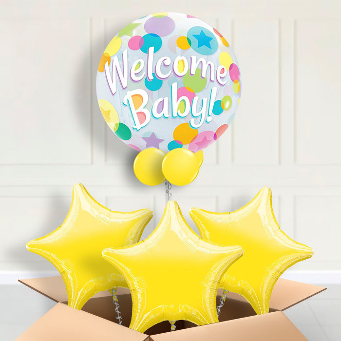 Welcome Baby Bubble Helium Balloons in a Box - Bubble Balloon with 3 Balloons | Party Save Smile