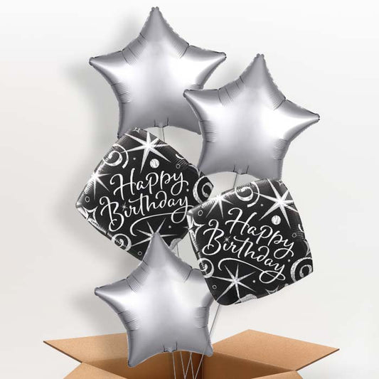 Black and Silver Happy Birthday Helium Balloons in a Box - 5 Balloon | Party Save Smile