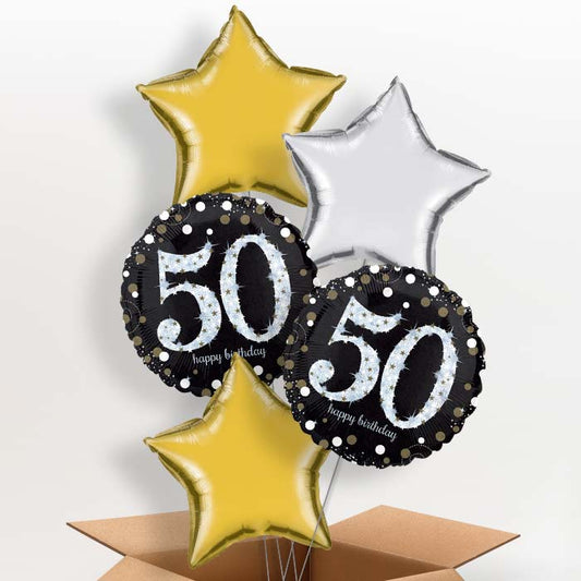 Gold 50th Birthday Helium Balloon in a Box - 5 Balloon | Party Save Smile