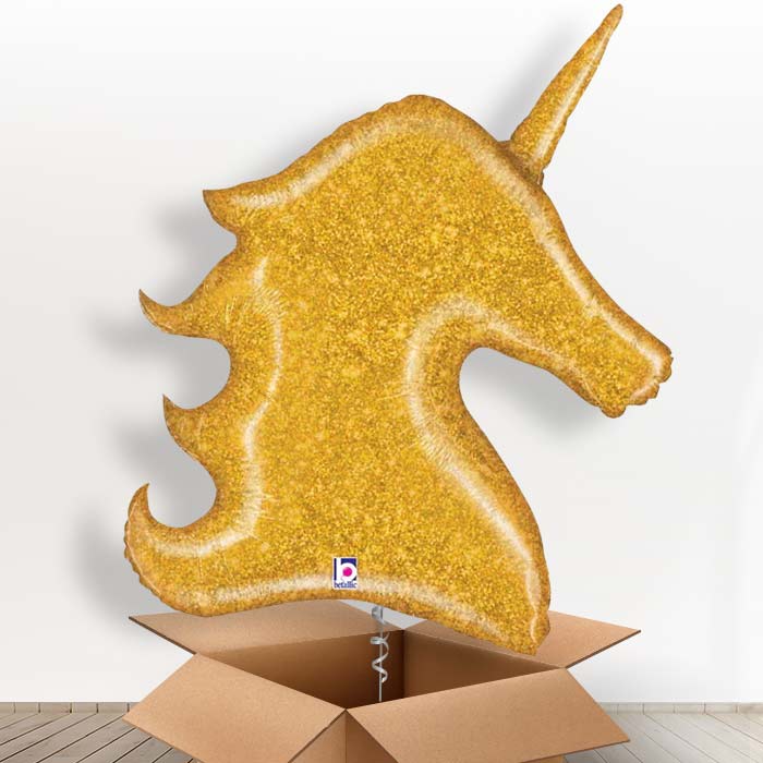 Gold Glitter Unicorn Head Helium Balloon in a Box