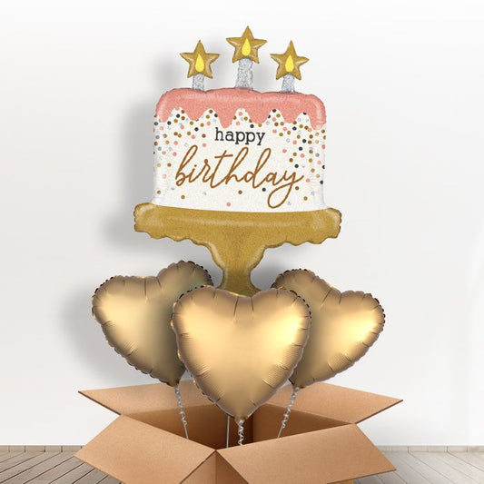 Birthday Cake Helium Balloons in a Box - Rose Gold - With 3 Themed Balloons | Party Save Smile