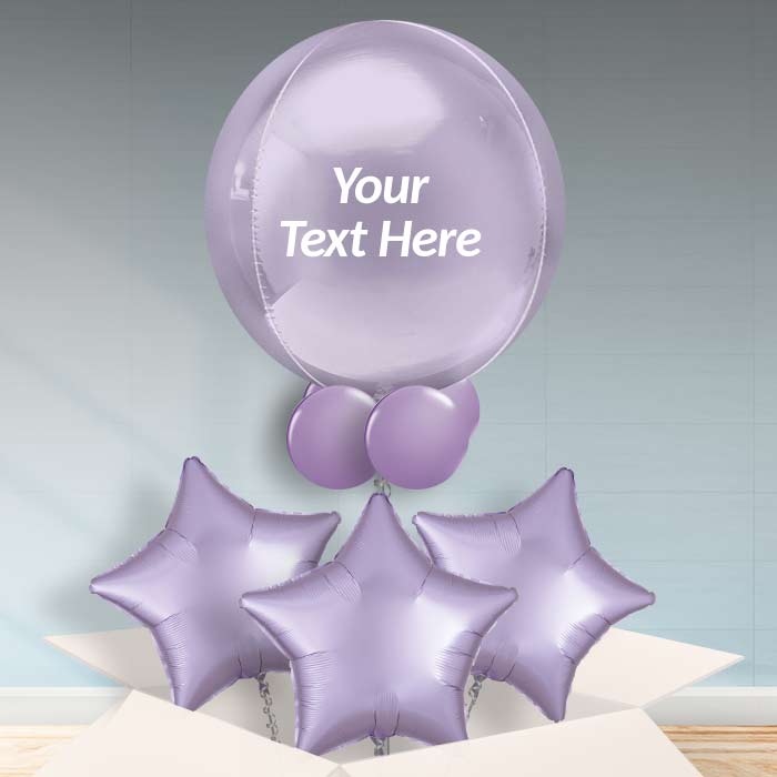 Personalised Pastel Lilac Orbz Helium Balloon in a Box - Orbz Balloon with 3 Balloons | Party Save Smile