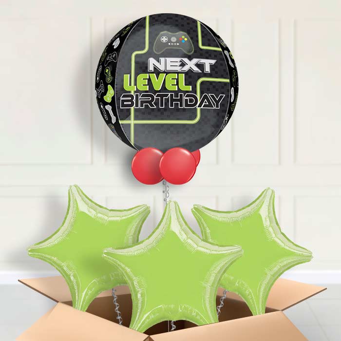 Level Up Gaming Birthday Helium Balloon in a Box Orbz - Orbz Balloon with 3 Balloons | Party Save Smile